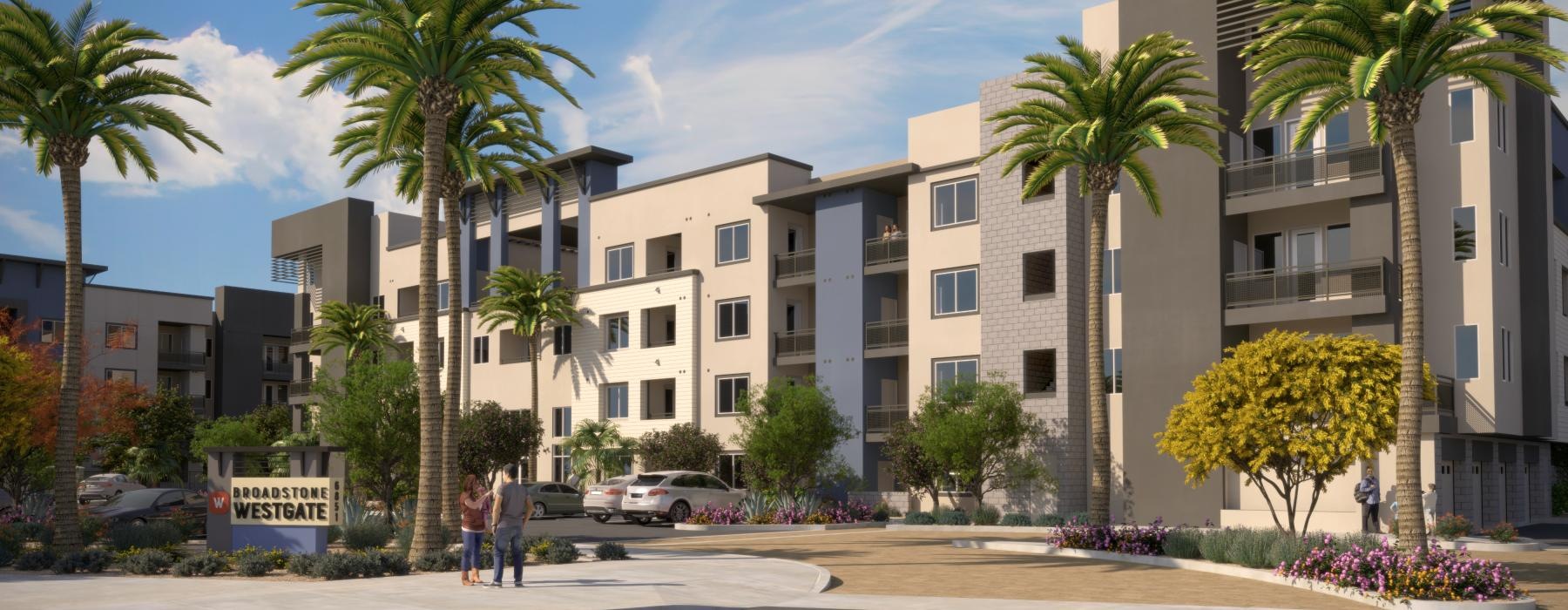 a building with palm trees and people walking on the sidewalk